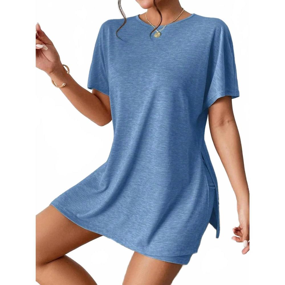 NEW TRENDSI casual round neck t-shirt and shorts set in peacock blue